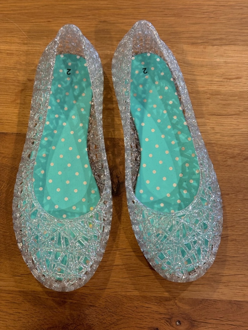 Girls Size 2 Clear Glitter Jelly Ballet Flats Sparkle Slip On Shoes
